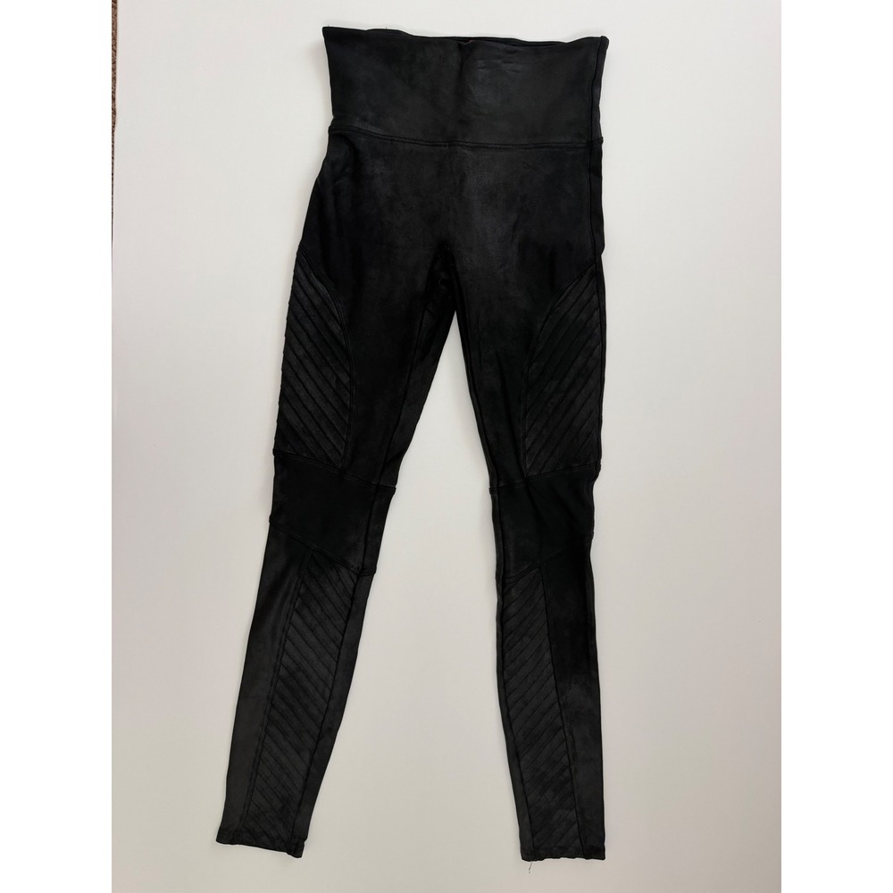 Spanx Faux Leather Moto Leggings Very Black High Rise Ribbed Size Small S/P